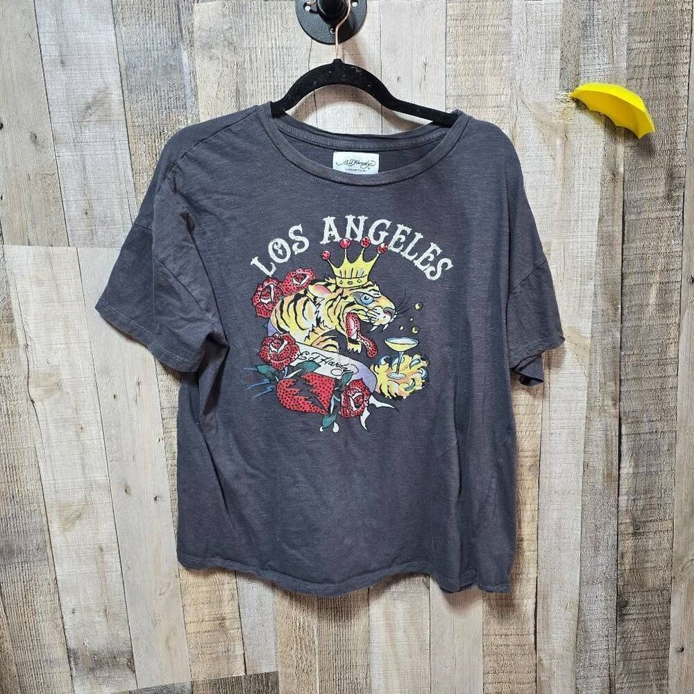 Ed Hardy Roaring Tiger Graphic McBling Embellished Oversized Tee